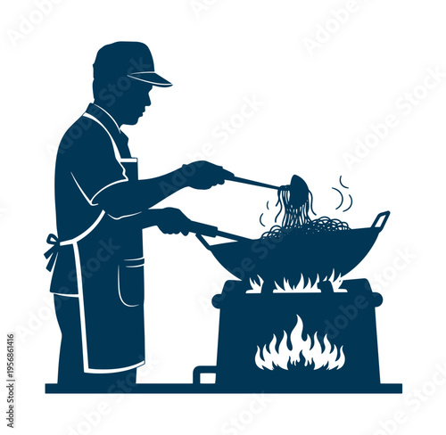 man cooking noodles on a gas stove with large wok