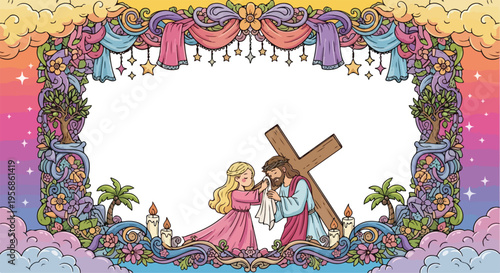 Decorative floral frame showing Jesus Christ carrying the heavy cross during the passion.