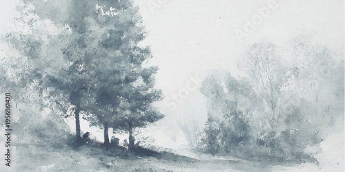 Abstract ethereal landscape painting of a foggy scene with silhouettes of trees in a dreamy, artistic style.