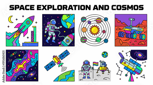 Space Exploration And Cosmos - Colorful Illustration Set