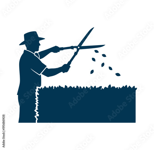 Man cutting grass with large scissors silhouette isolated on white background