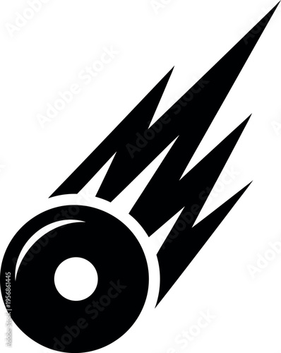 Black and white illustration of a speeding comet with a fiery trail