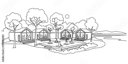 Continuous One Line Drawing of Minimalist Modern Eco Cabin Resort