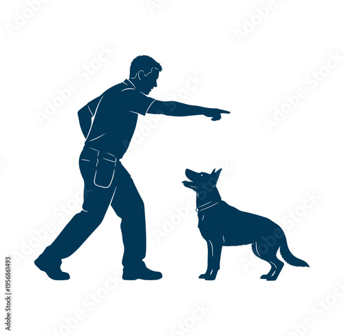 man in casual clothes pointing at a dog standing still  dog looking up
