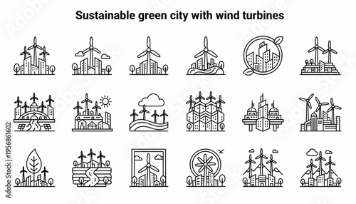 Sustainable Green City Icons: Wind Turbines & Eco-Friendly Buildings