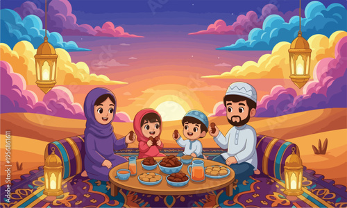 Happy Muslim family having suhoor or iftar dinner in the desert during sunset with a beautiful sky.