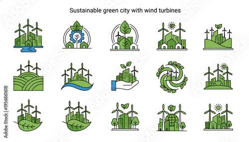 Sustainable Green City Icons: Wind Turbines & Eco-Friendly Urban Life