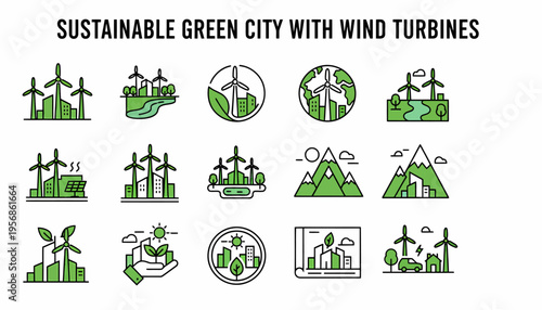 Sustainable Green City Icons: Wind Turbines, Nature, Eco-Friendly Living