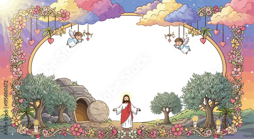 Scene of Jesus Christ standing outside the empty tomb after the resurrection with floral frame.