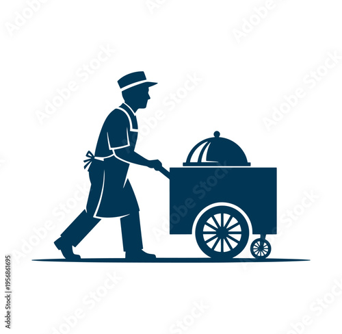 man pushing food cart with covered dish on top side view