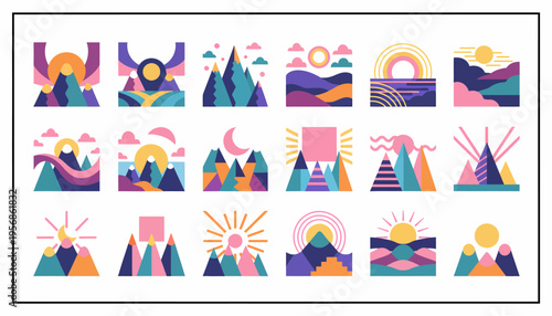 Abstract Mountain Landscapes Set, Geometric Nature Vector Graphics