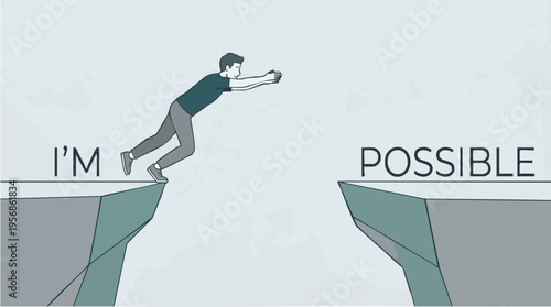 Businessman Reaching Out to Cross a Gap Between Two Cliffs with the Words I'm Possible in the Background