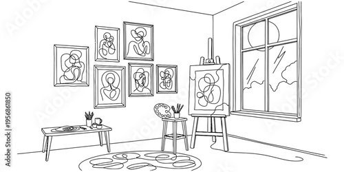 Continuous line drawing of artist studio interior with gallery wall