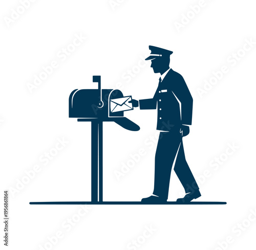 Postal worker putting letter in mailbox on white background