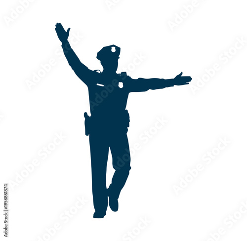 Police officer silhouette directing traffic with outstretched arms and one leg crossed
