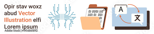 Technology, data transfer, artificial intelligence, programming, language translation, information storage. You see a circuit, binary file folder and translation icon. Technology and language