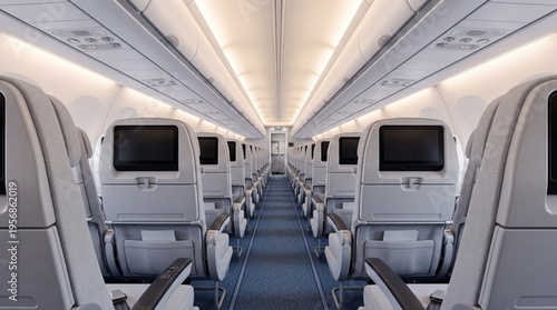 Quadro em tela Modern empty passenger airplane cabin with aisle view, economy class seats and in-flight entertainment screens, clean travel transport concept