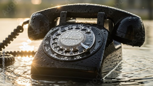 A vintage black rotary phone sitting in water with sunlight shining through