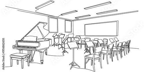 Continuous One Line Drawing of Music Classroom with Grand Piano