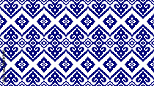 Seamless blue and white geometric pixel art pattern. Traditional folk embroidery style background for textile and digital design. High-quality ethnic cross-stitch texture.