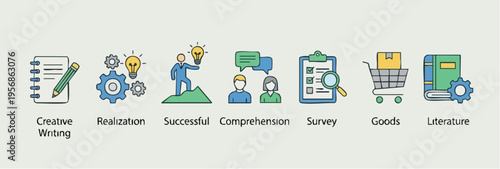 Collection of colorful icons representing creative writing, realization, successful achievement, comprehension, survey, goods, and literature with a modern flat design style