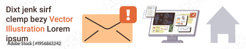 Email notifications, data analysis, digital marketing, communication systems, technology, and home connections. Envelope with alert, computer screen displaying charts and simple house icon. Email