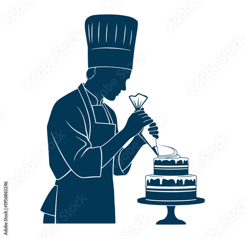 chef decorating cake with icing on a cake stand