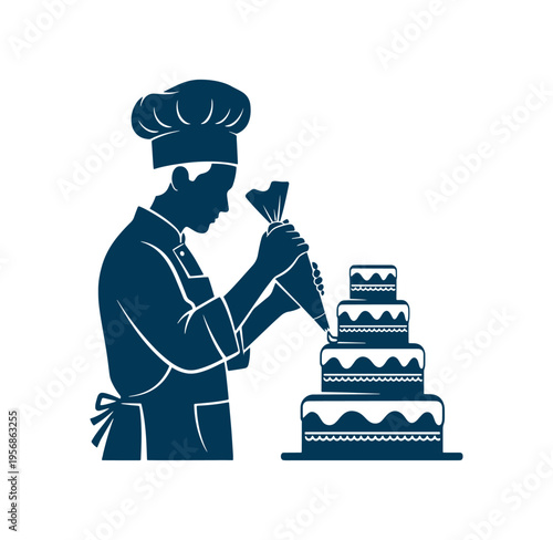 chef decorating a large multi tiered cake with icing