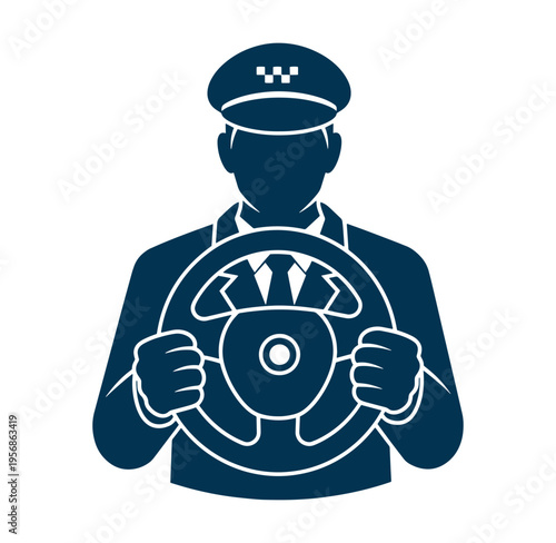 Driver holding steering wheel in hands wearing uniform and cap