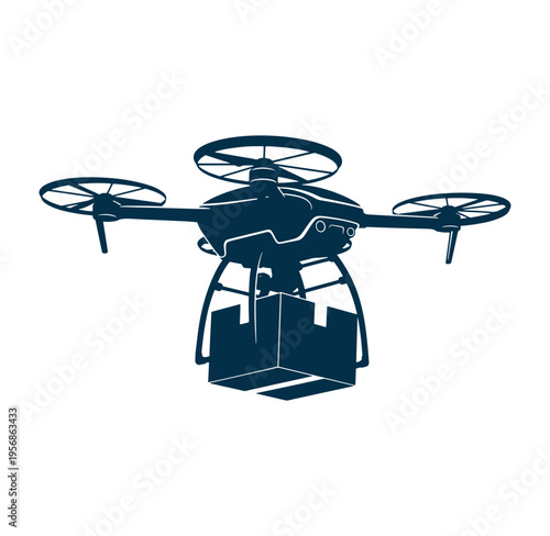 Drone carrying a package flying through the air with propellers spinning