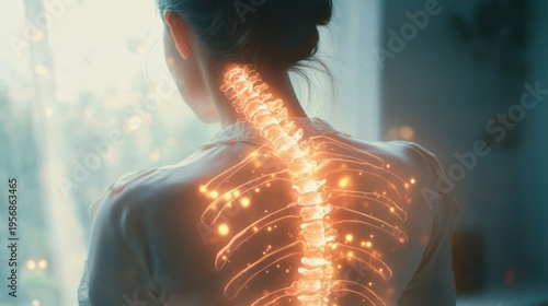 Woman seen from behind with glowing illuminated spine and rib cage overlay by a window, evoking calm introspection and healing