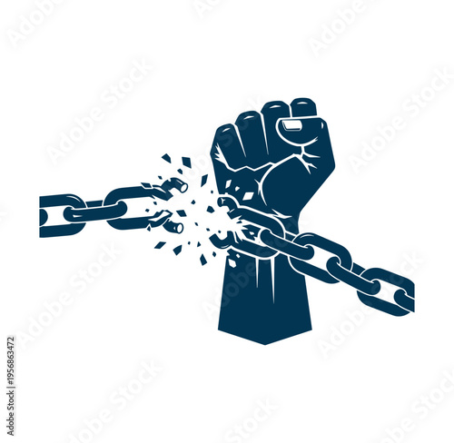 Fist breaking free from chain link in a powerful gesture of liberation and strength