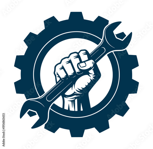 Hand holding adjustable wrench in front of large gear cog wheel icon