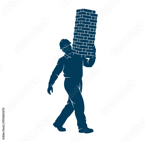 Man carrying a stack of bricks on his shoulder in a walking posture