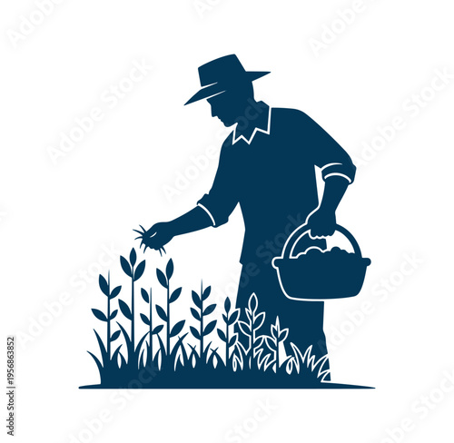 Man in hat holding basket and touching plants in garden with foliage  farming and gardening concept