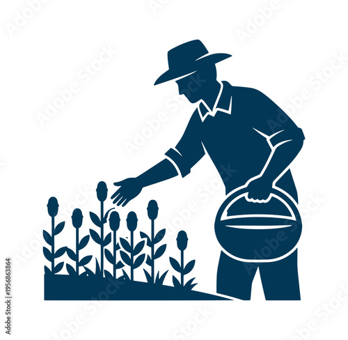 Man in hat tending to plants with basket in hand outdoors in garden