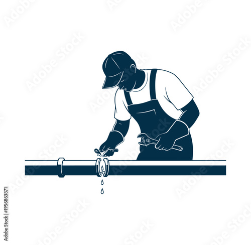 man in overalls and a cap fixing a leaking pipe with a wrench