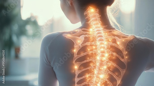 Back view of a woman with a glowing illuminated spinal column and nerve pathways, warm lights suggesting healing, calm and focused anatomical visualization