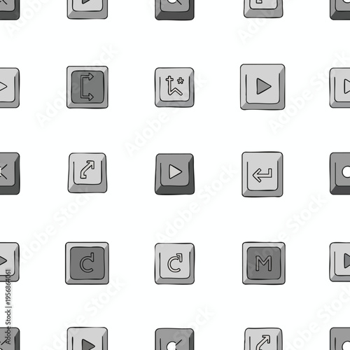 A repeating pattern of sketched computer keyboard keys with various symbols