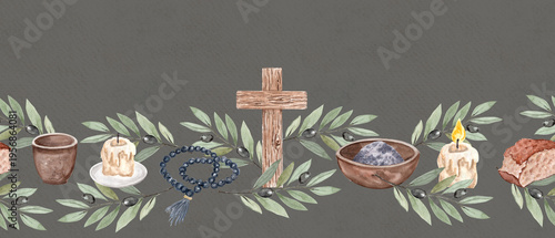 Tableau sur toile Wooden cross, rosary, bowl of ashes, candle, bread, olive branch seamless horizontal watercolor border on gray with copy space perfect for for Lent church designs