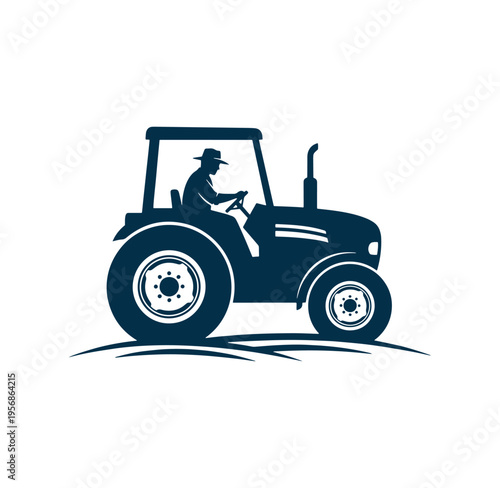 Tractor driver in a hat riding a tractor on a field or road slowly