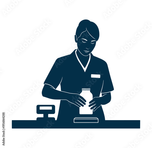 woman in uniform holding bottle behind counter with scanner