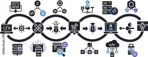 Artificial Intelligence and Machine Learning Workflow Illustration Featuring Data Processing, Neural Networks, Automation Systems, Cloud Computing, and Smart Technology Integration Concepts