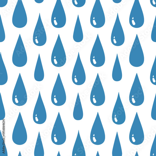 Repeating pattern of blue water droplets on a white background