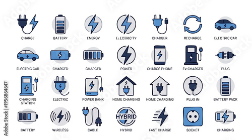 Collection of electric vehicle charging icons with different devices and symbols representing sustainable energy and eco-friendly transportation concepts