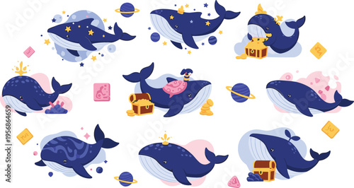 Cute Whale Character Illustration Set Featuring Cartoon Ocean Animals with Treasure, Stars, Planets, and Fantasy Elements for Kids Design and Storytelling Projects