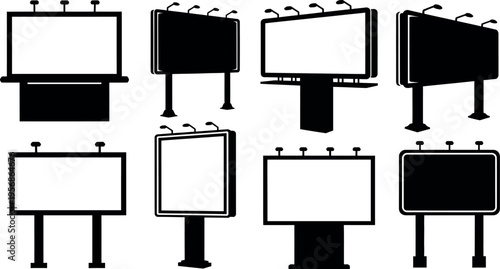 A collection of eight blank billboard signs in various orientations and designs for advertising purposes on roads and highways