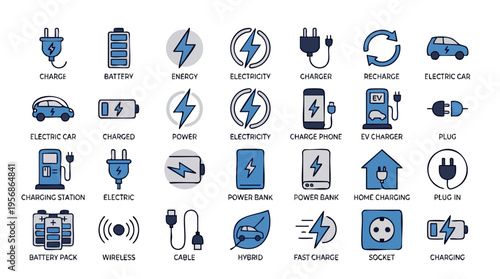 Collection of electric vehicle icons and charging station symbols representing electric mobility and green transportation technology