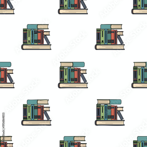A repeating pattern of stacked, colorful books with a minimalist aesthetic