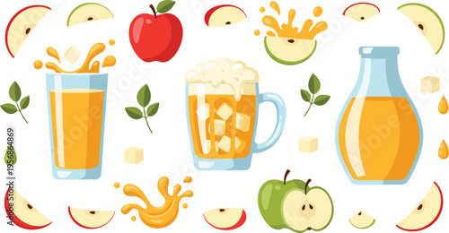 Apple Juice and Fresh Fruit Set with Glasses, Bottle, Sliced Apples, Splashes, and Organic Beverage Elements for Healthy Drink Illustration, Nutrition Design, and Farm Fresh Concept